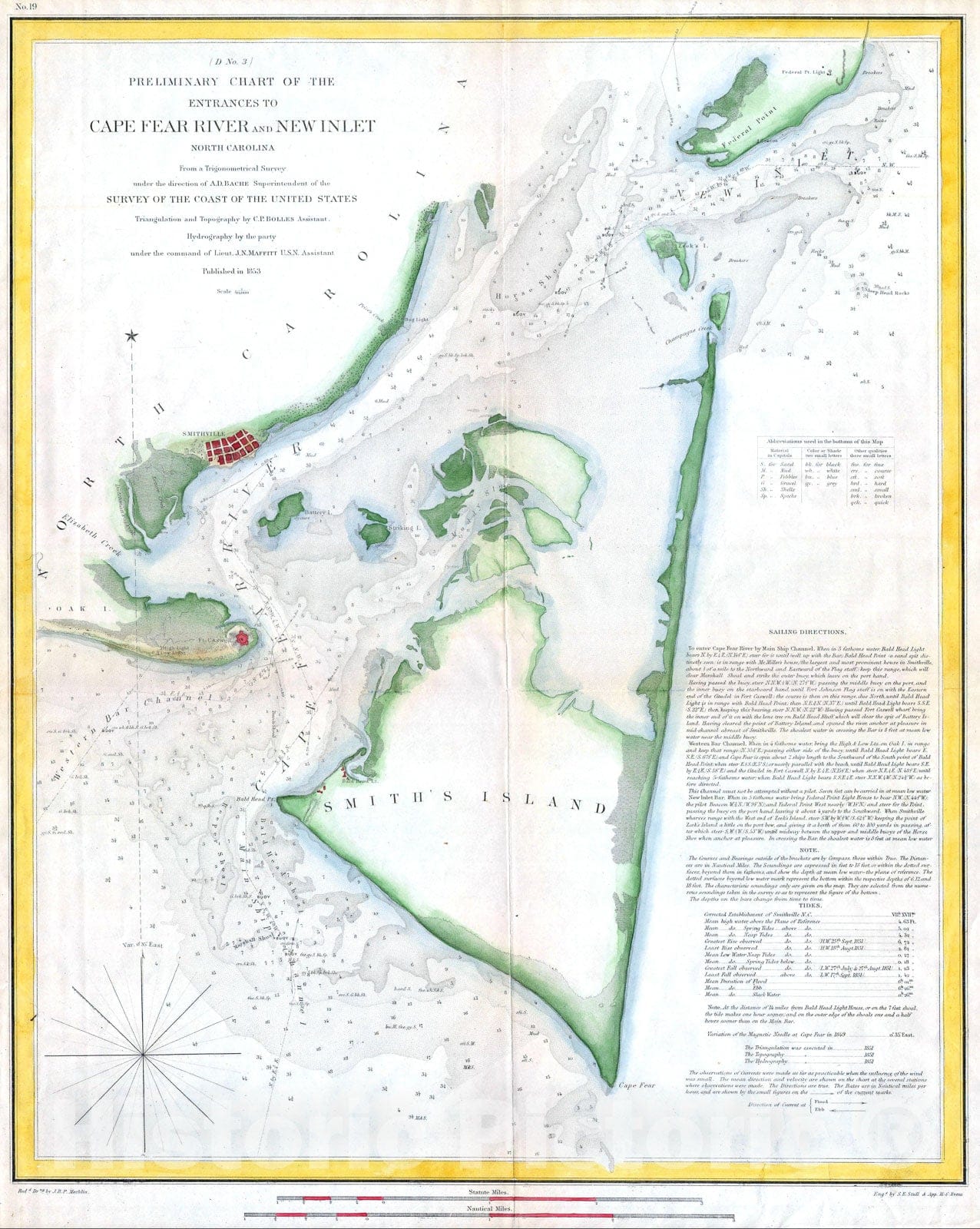 Historic Map : U.S.C.S. Map of Cape Fear, North Carolina, 1853, Vintage Wall Art