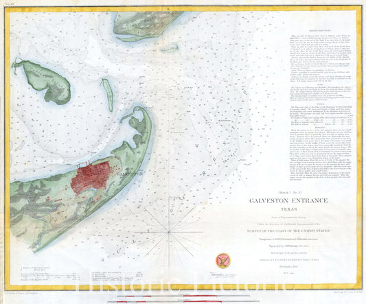 Historic Map : U.S.C.S. Map of Galveston City and Harbor, Texas , 1853, Vintage Wall Art