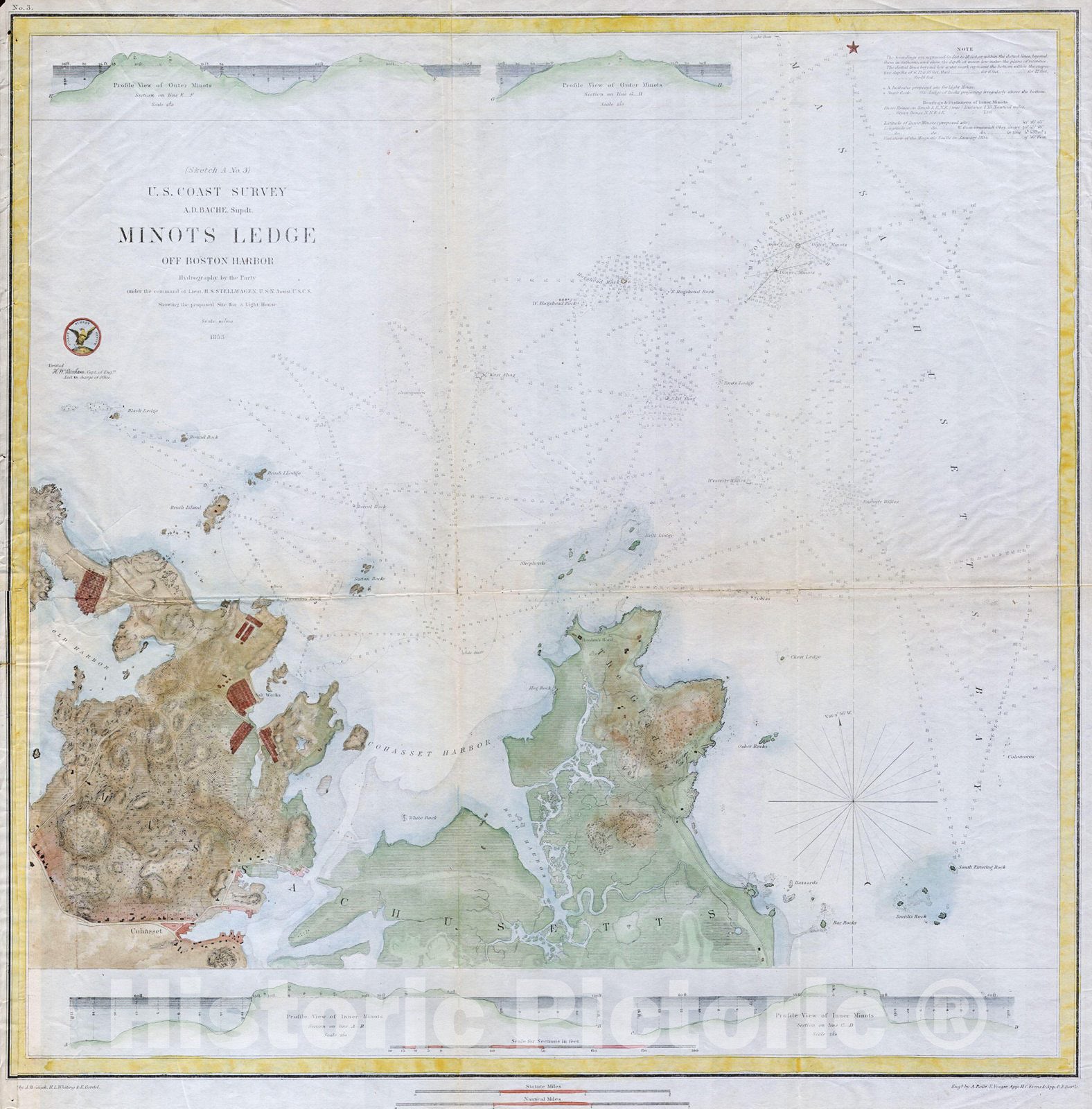 Historic Map : U.S.C.S. Map of Minots Ledge, Near Boston Harbor (Cohasset), Version 2, 1853, Vintage Wall Art