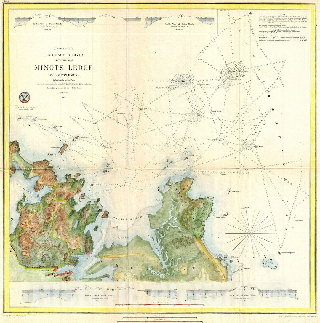 Historic Map : U.S.C.S. Map of Minots Ledge, Near Boston Harbor (Cohasset), 1853, Vintage Wall Art
