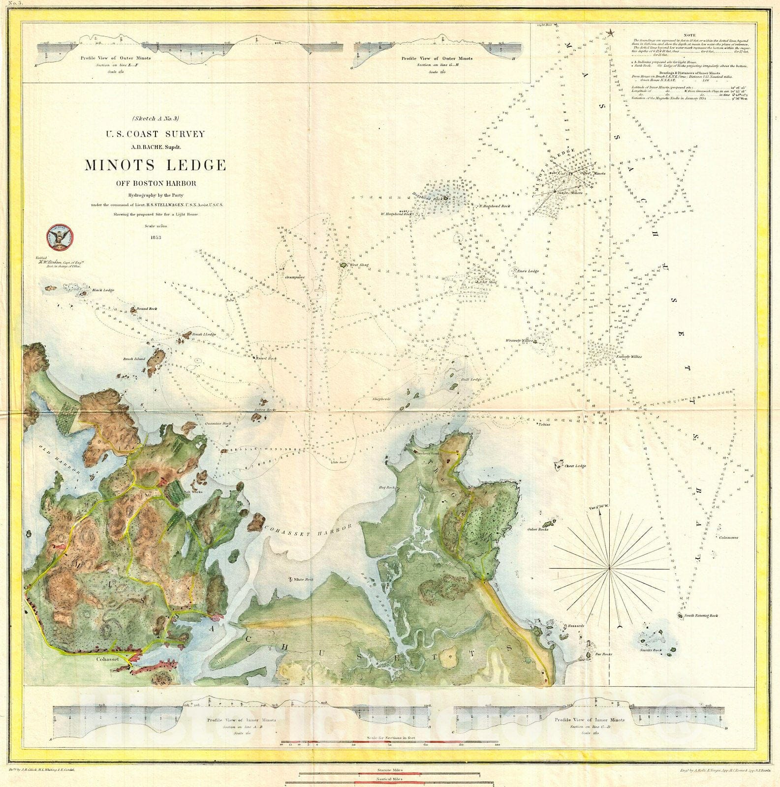 Historic Map : U.S.C.S. Map of Minots Ledge, Near Boston Harbor (Cohasset), 1853, Vintage Wall Art