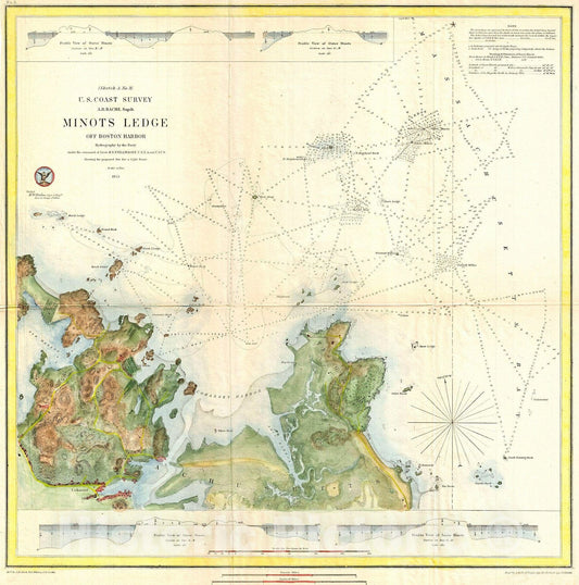 Historic Map : U.S.C.S. Map of Minots Ledge, Near Boston Harbor (Cohasset), 1853, Vintage Wall Art
