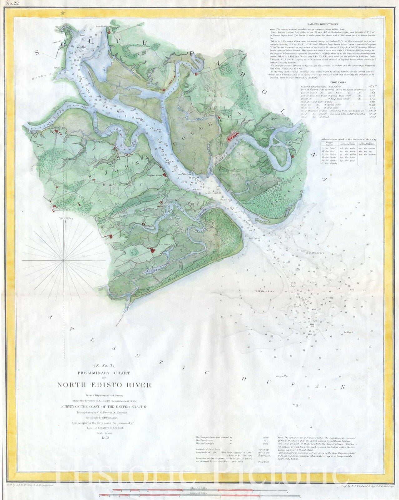 Historic Map : U.S.C.S. Map of The North Edisto River, South Carolina, 1853, Vintage Wall Art