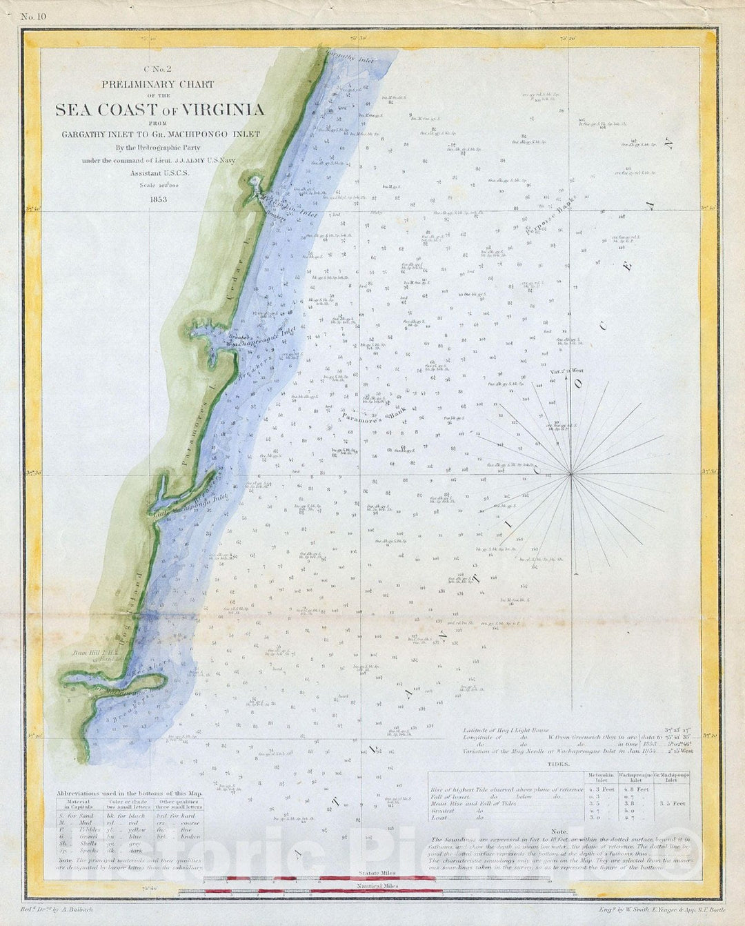 Historic Map : U.S.C.S. Map of The Virginia Coast (Gargathy to Machipongo), 1853, Vintage Wall Art