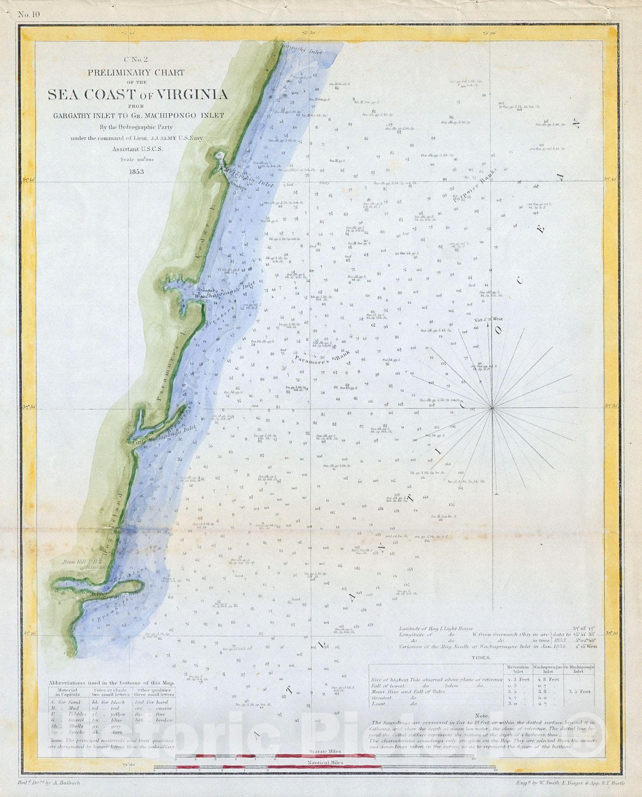 Historic Map : U.S.C.S. Map of The Virginia Coast (Gargathy to Machipongo), 1853, Vintage Wall Art