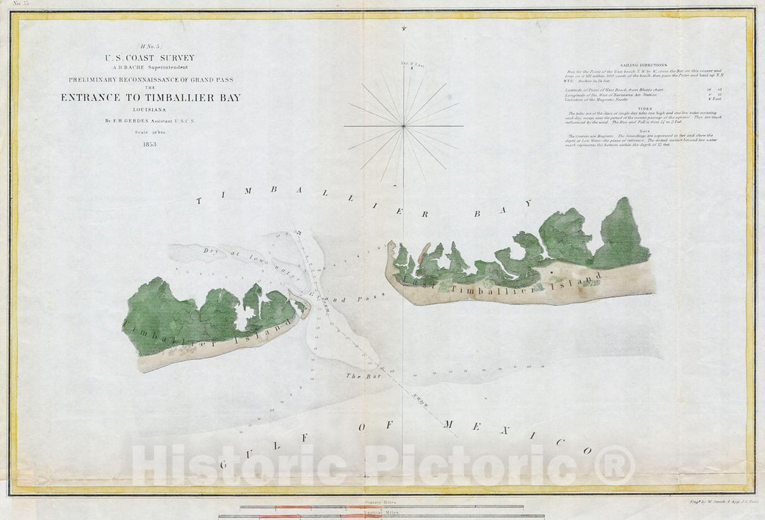 Historic Map : U.S.C.S. Map of Timbalier Bay, Louisiana, 1853, Vintage Wall Art