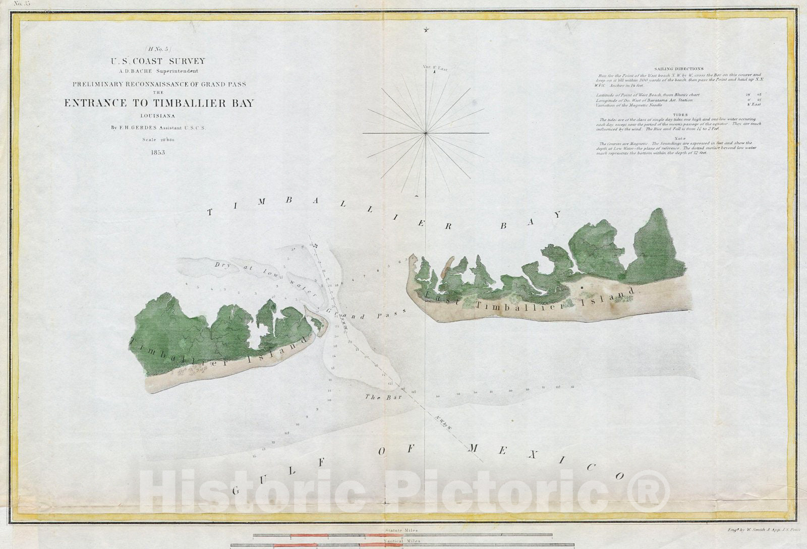 Historic Map : U.S.C.S. Map of Timbalier Bay, Louisiana, 1853, Vintage Wall Art