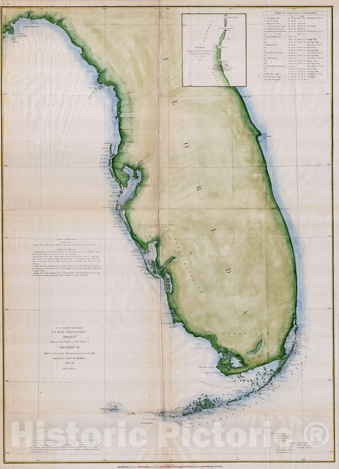 Historic Map : U.S.C.S. Map or Chart of Florida, 1853, Vintage Wall Art