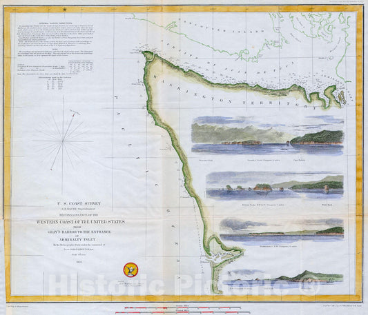 Historic Map : U.S.C.S. Map or Chart of Northwestern Washington State (Vancouver Island) , 1853, Vintage Wall Art