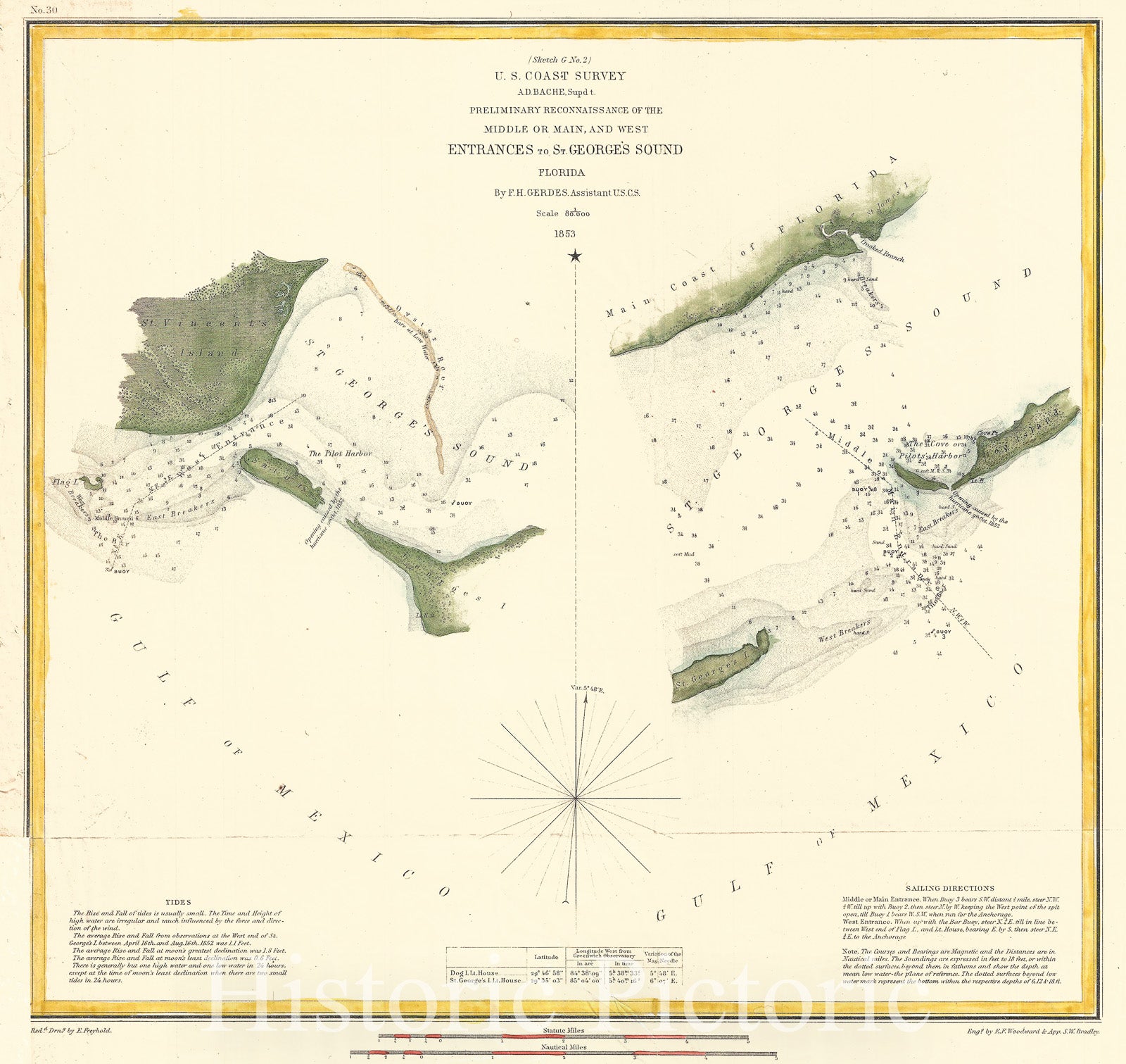 Historic Map : U.S. Coast Survey Chart or Map of St. Georges Sound, Florida , 1853, Vintage Wall Art