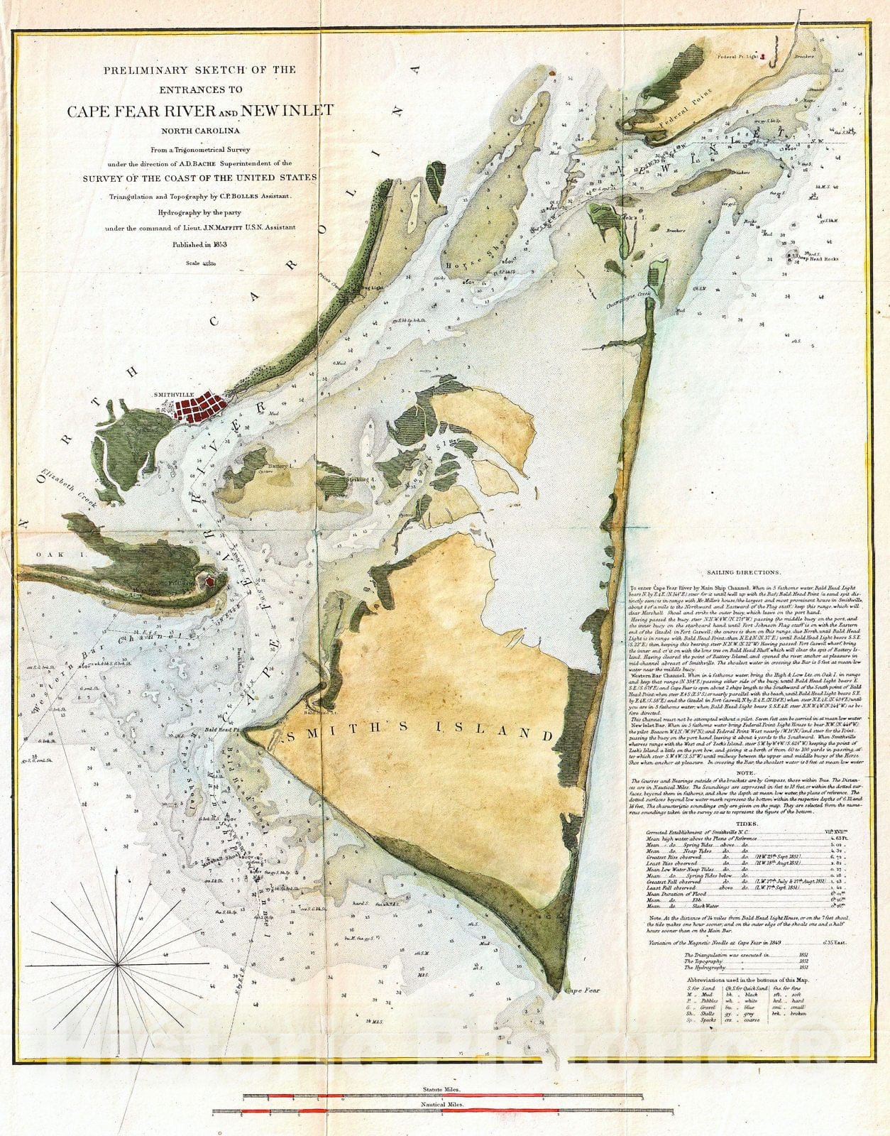 Historic Map : U.S. Coast Survey Map of Cape Fear, North Carolina, 1853, Vintage Wall Art