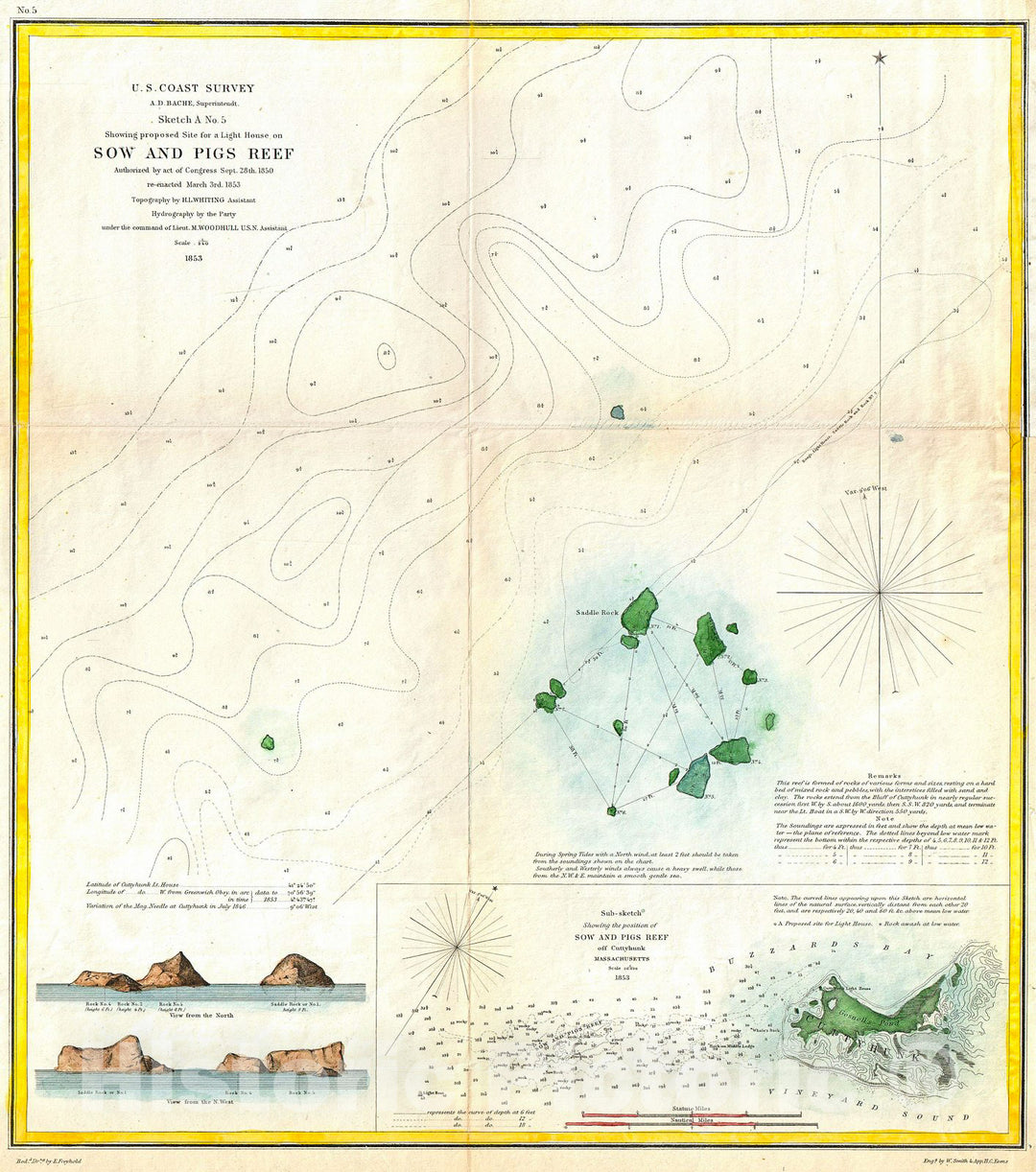 Historic Map : U.S. Coast Survey Map or Chart of Sow and Pigs Reef Off Marthas Vineyard, Massachussetts , 1853, Vintage Wall Art