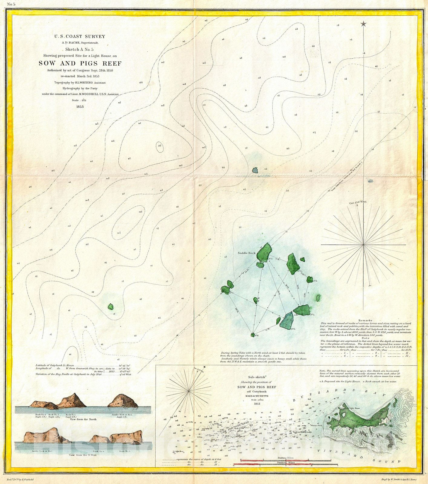 Historic Map : U.S. Coast Survey Map or Chart of Sow and Pigs Reef Off Marthas Vineyard, Massachussetts , 1853, Vintage Wall Art