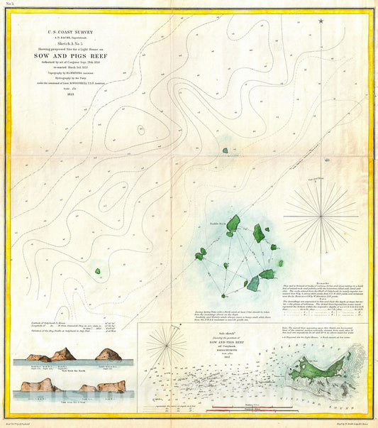 Historic Map : U.S. Coast Survey Map or Chart of Sow and Pigs Reef Off Marthas Vineyard, Massachussetts , 1853, Vintage Wall Art