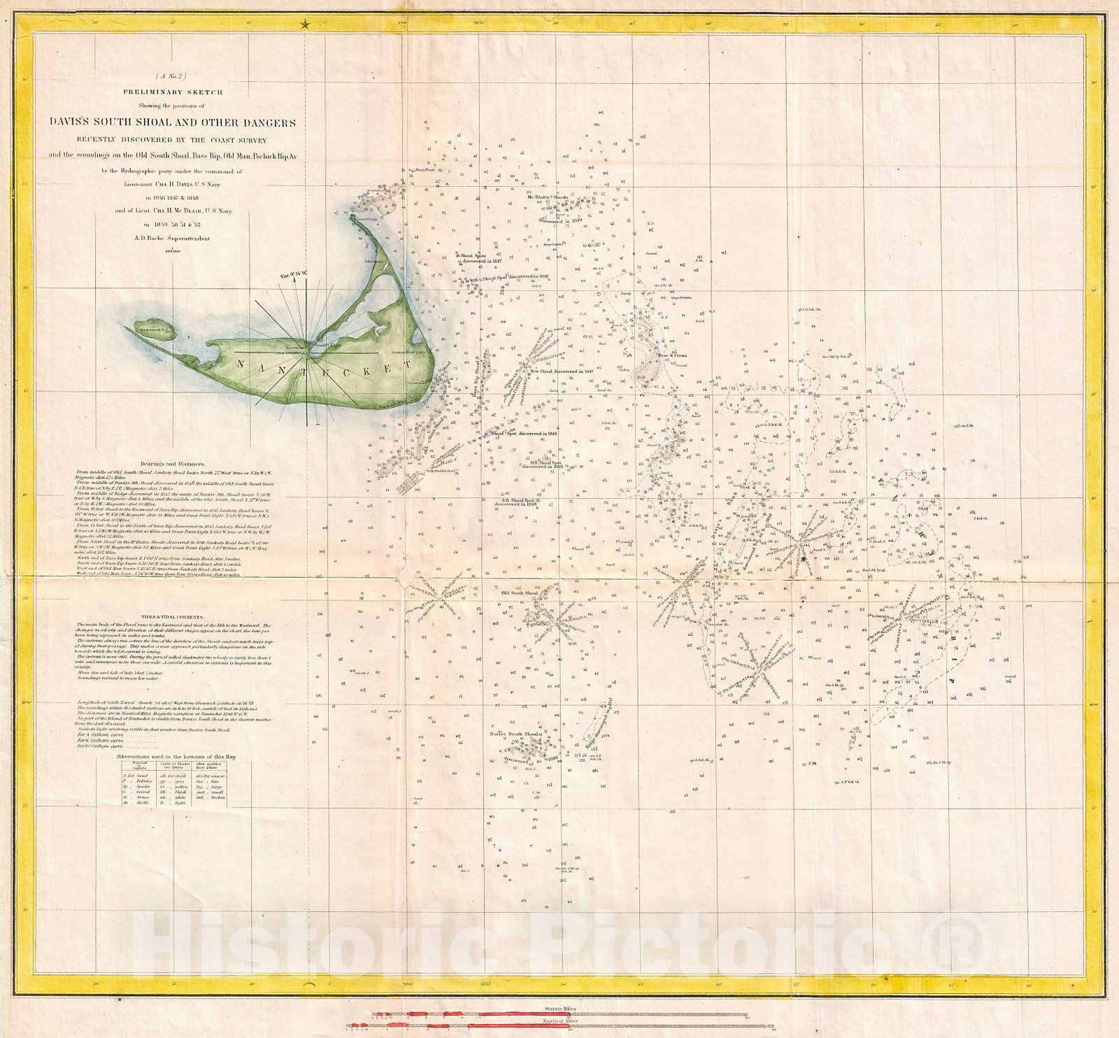 Historic Map : U.S. Coast Survey Nautical Chart or Map of Nantucket, Massachusetts, 1853, Vintage Wall Art