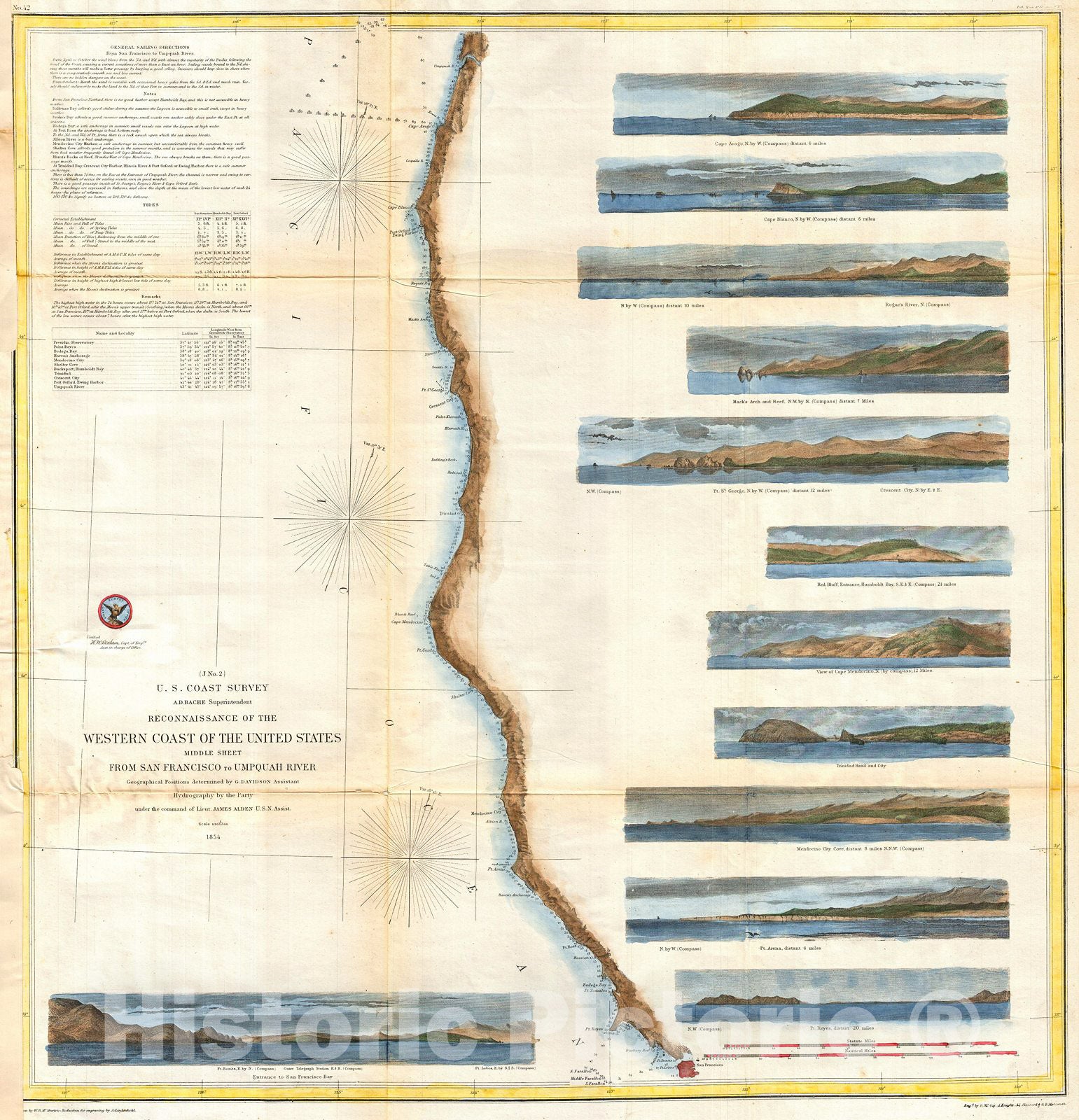Historic Map : U.S. Coast Survey Chart or Map of California anArtegan North of San Francisco , 1854, Vintage Wall Art
