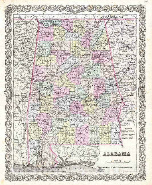 Historic Map : Colton Map of Alabama, 1855, Vintage Wall Art