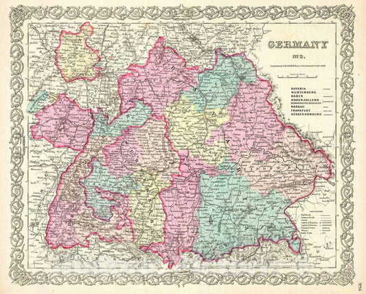 Historic Map : Colton Map of Bavaria, Wurtemberg and Baden, Germany , 1855, Vintage Wall Art