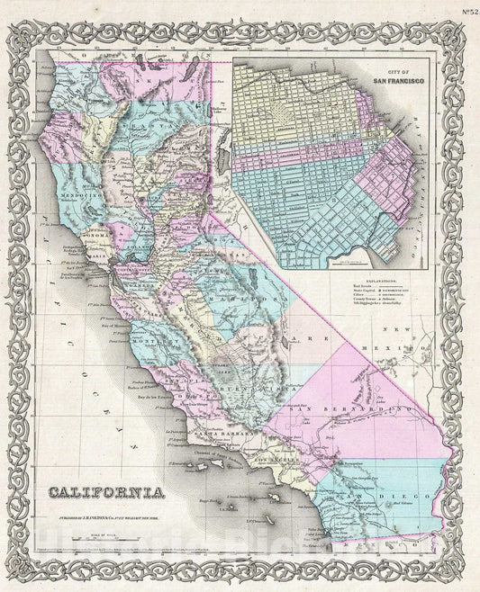 Historic Map : Colton Map of California and San Francisco, 1855, Vintage Wall Art