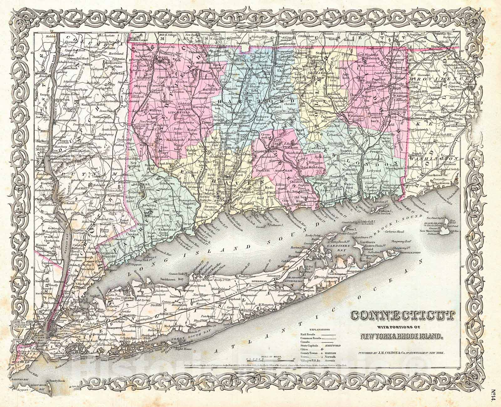 Historic Map : Colton Map of Connecticut and Long Island , 1855, Vintage Wall Art