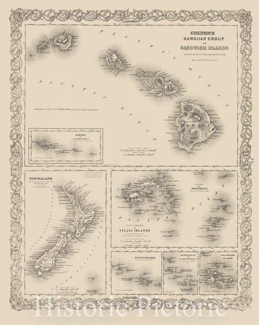 Historic Map : Colton Map of Hawaii and New Zealand, 1855, Vintage Wall Art