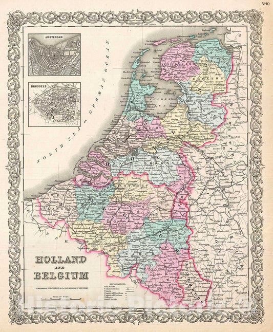 Historic Map : Colton Map of Holland and Belgium, 1855, Vintage Wall Art