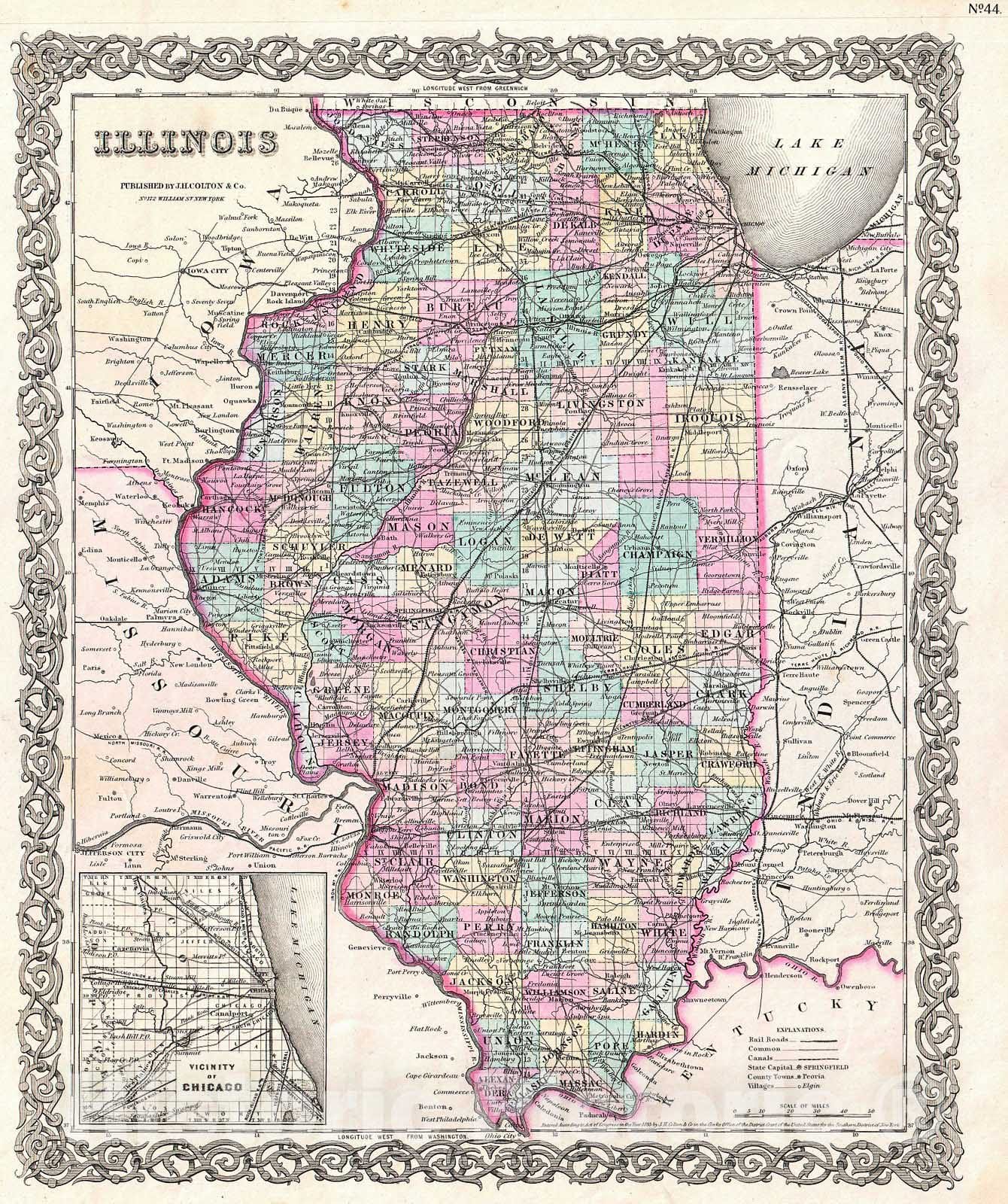 Historic Map : Colton Map of Illinois , 1855, Vintage Wall Art