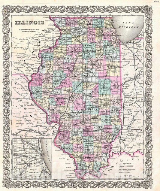 Historic Map : Colton Map of Illinois , 1855, Vintage Wall Art