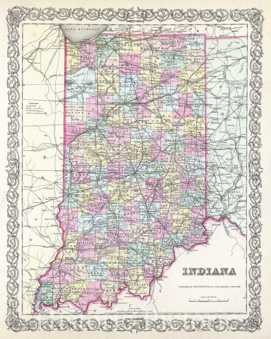 Historic Map : Colton Map of Indiana, 1855, Vintage Wall Art