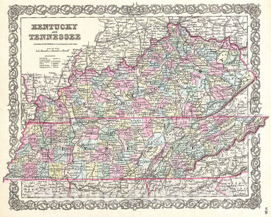 Historic Map : Colton Map of Kentucky and Tennessee , 1855, Vintage Wall Art