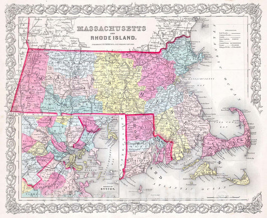 Historic Map : Colton Map of Massachusetts and Rhode Island , 1855, Vintage Wall Art