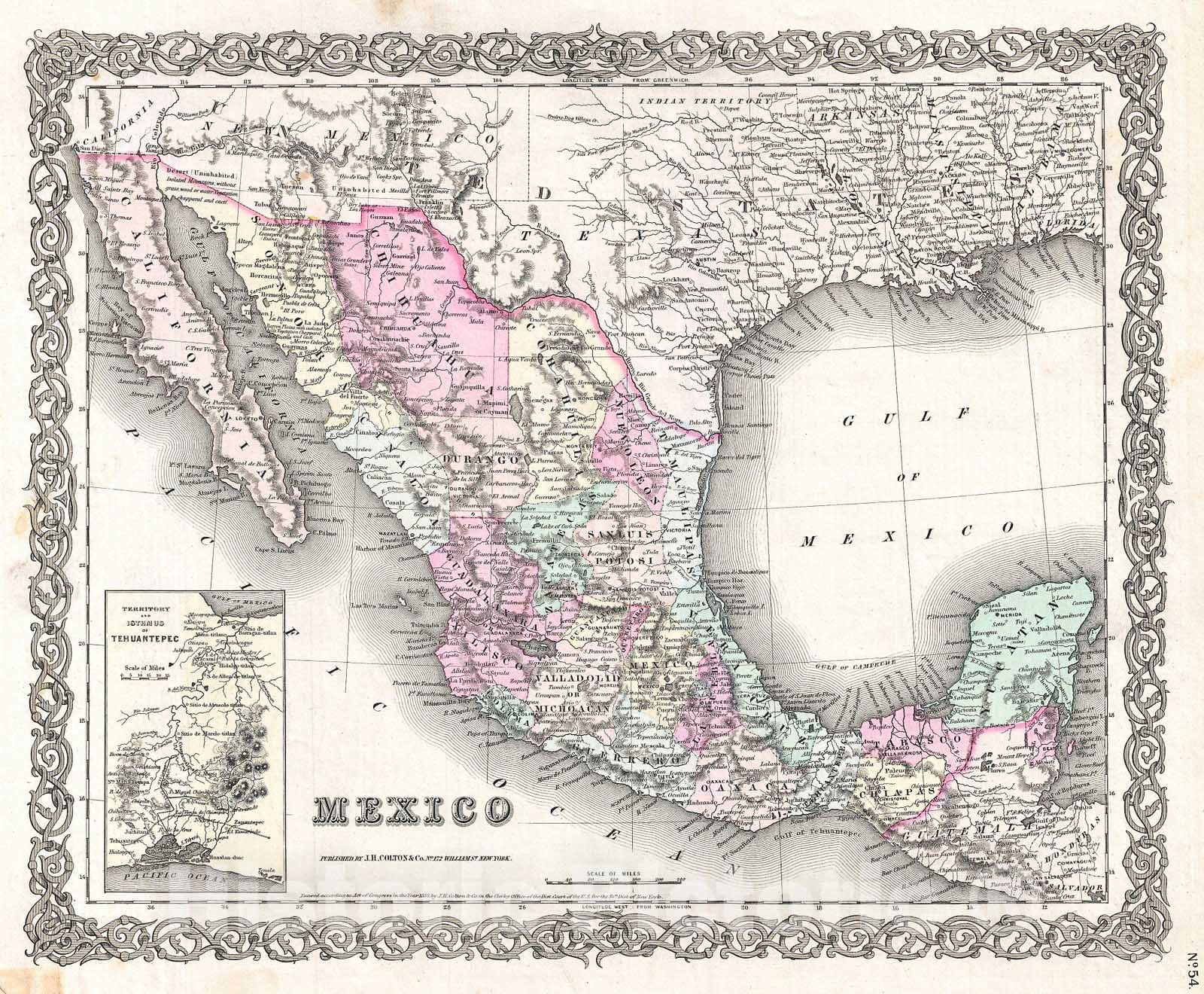 Historic Map : Colton Map of Mexico , 1855, Vintage Wall Art