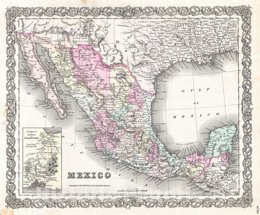 Historic Map : Colton Map of Mexico , 1855, Vintage Wall Art