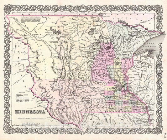 Historic Map : Colton Map of Minnesota , 1855, Vintage Wall Art
