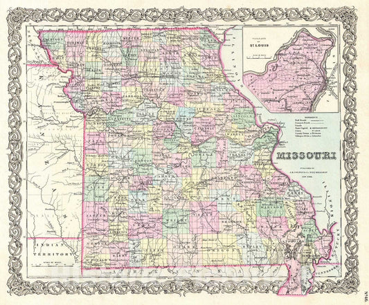 Historic Map : Colton Map of Missouri , 1855, Vintage Wall Art