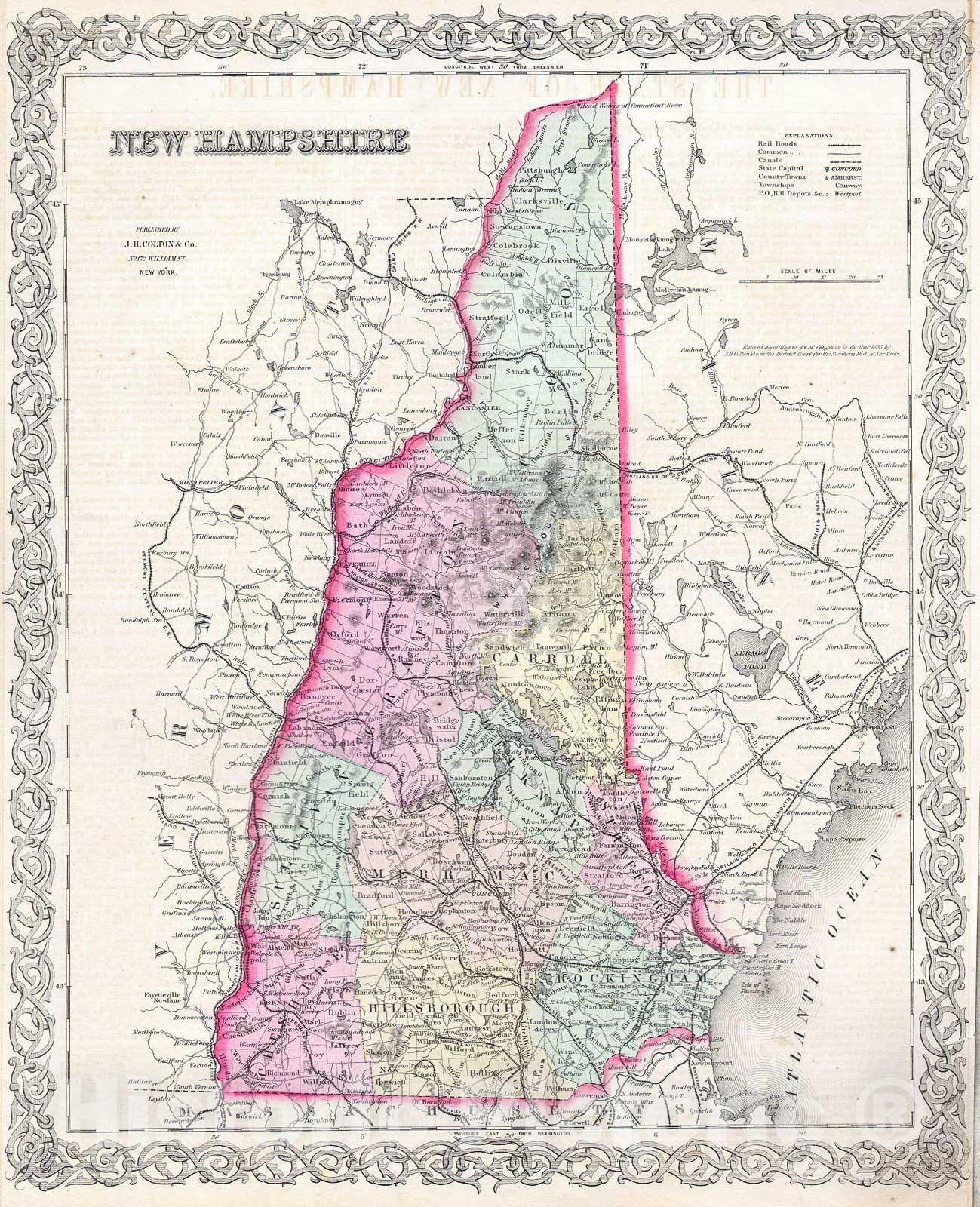 Historic Map : Colton Map of New Hampshire, 1855, Vintage Wall Art
