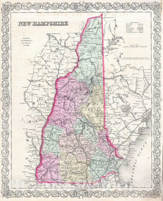 Historic Map : Colton Map of New Hampshire, 1855, Vintage Wall Art