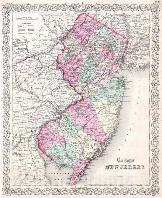 Historic Map : Colton Map of New Jersey, 1855, Vintage Wall Art