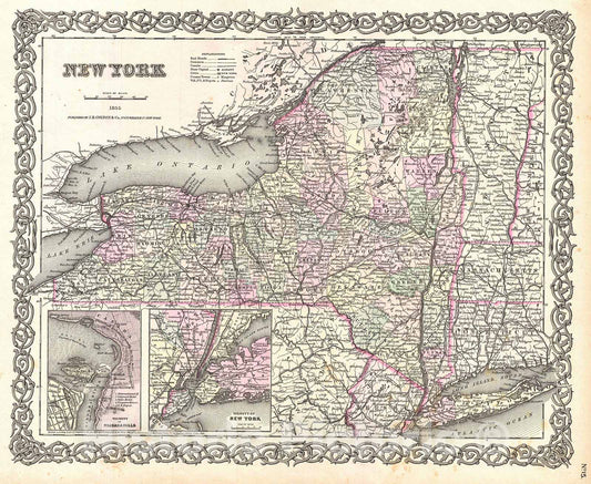 Historic Map : Colton Map of New York , 1855, Vintage Wall Art