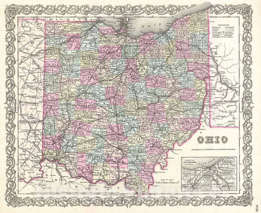 Historic Map : Colton Map of Ohio , 1855, Vintage Wall Art