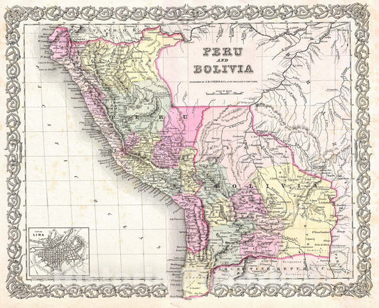 Historic Map : Colton Map of Peru and Bolivia , 1855, Vintage Wall Art