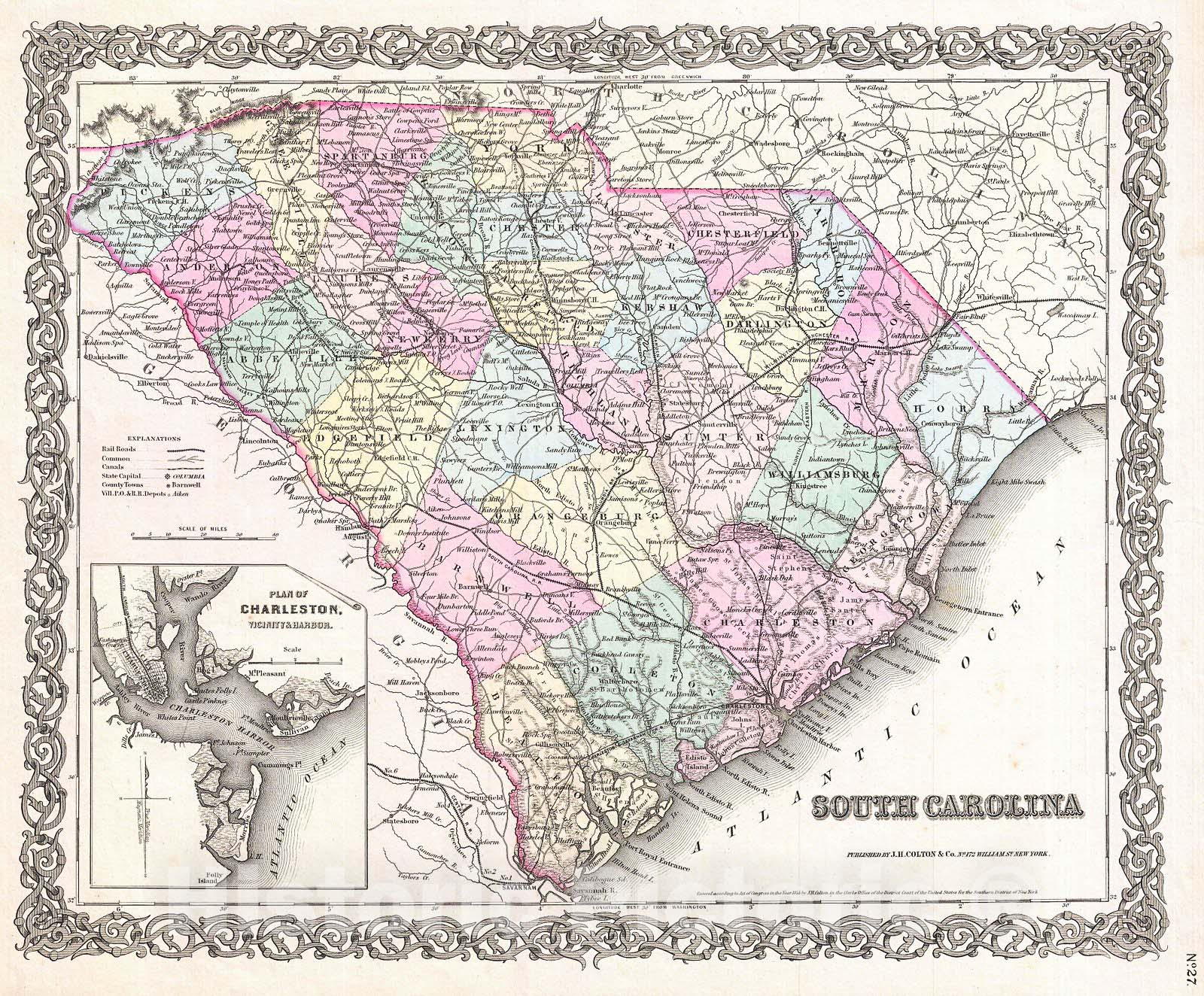 Historic Map : Colton Map of South Carolina , 1855, Vintage Wall Art