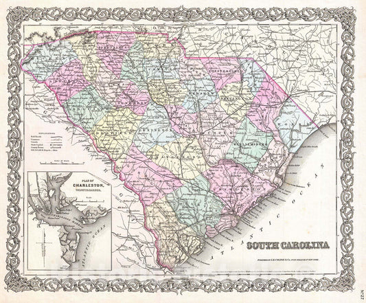 Historic Map : Colton Map of South Carolina , 1855, Vintage Wall Art