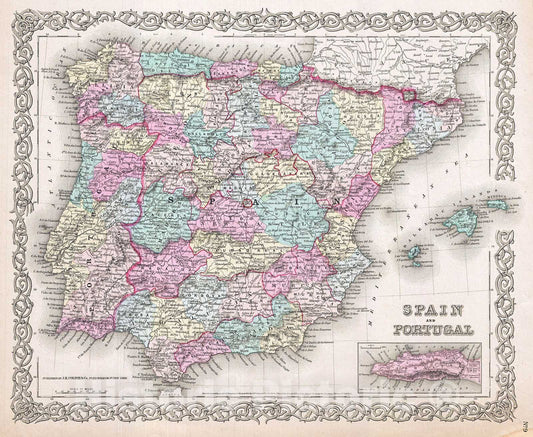 Historic Map : Colton Map of Spain , 1855, Vintage Wall Art