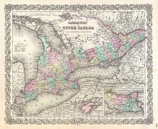 Historic Map : Colton Map of Upper Canada or Ontario , 1855, Vintage Wall Art