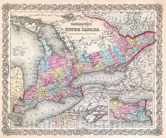 Historic Map : Colton Map of Upper Canada or Ontario , Version 2, 1855, Vintage Wall Art
