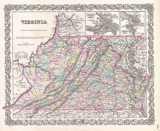 Historic Map : Colton Map of Virginia , 1855, Vintage Wall Art