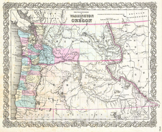 Historic Map : Colton Map of Washington and Oregon , 1855, Vintage Wall Art