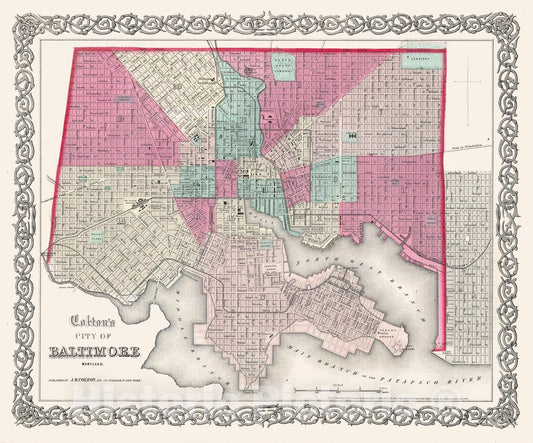 Historic Map : Colton Plan or Map of Baltimore, Maryland, 1855, Vintage Wall Art