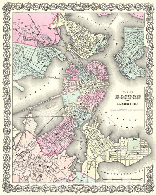 Historic Map : Colton Plan or Map of Boston, 1855, Vintage Wall Art